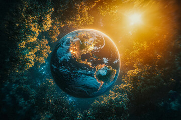 Earth surrounded by a vibrant cosmic forest at sunrise