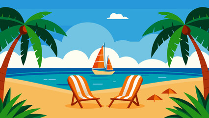 Tropical beach scene with palm trees and sailboat
