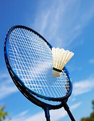 Badminton racket and shuttlecock against a clear blue sky
