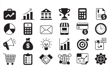 Finance, Business, and Market Growth Icons in Black and White for Data Analysis