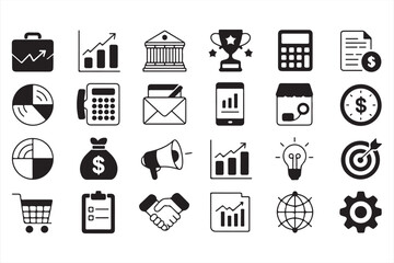 Collection of Finance, Business, and Data Analysis Icons in Bold Black and White