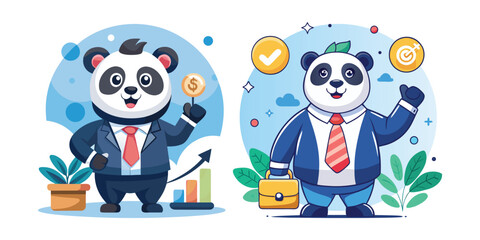 Panda CEO announcing company goals with confidence, leadership, and vision in modern office setting – perfect vector design for business presentations and corporate branding.