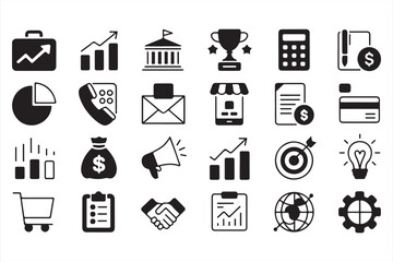 Simple Black and White Icons Representing Business, Finance, and Marketing