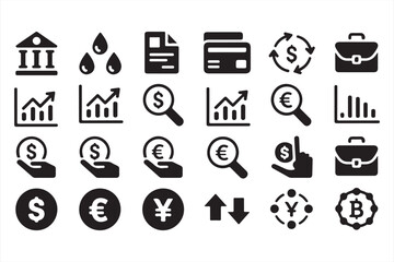 Market and Currency Symbols: Black and White Icons for Financial Analysis