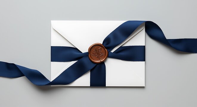 Elegant white envelope sealed with wax and navy ribbon, perfect for luxury invitations and important correspondence.