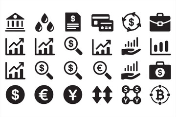 Comprehensive Set of Icons for Finance, Currency, and Investment in Black and White