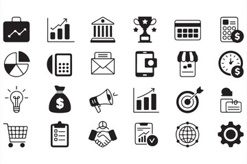 Black and White Collection of Icons for Finance, Market, and Business Growth