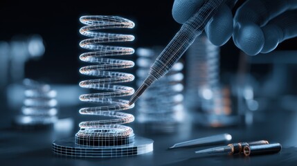 Quality control inspector wearing gloves uses precision tools to measure a nimnga spring, symbolizing meticulous standards and advanced material science in industrial manufacturing