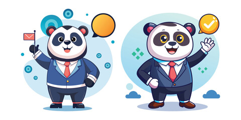 Panda CEO announcing company goals with confidence, leadership, and vision in modern office setting – perfect vector design for business presentations and corporate branding.