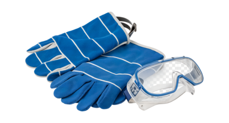 Pair of blue leather welding gloves with white stitching and protective safety goggles isolated on transparent background