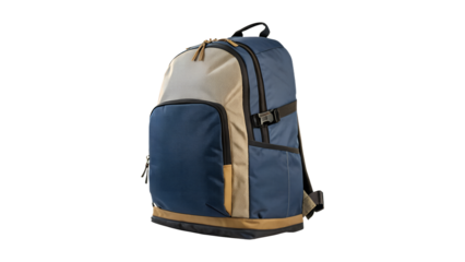 A stylish multi compartment backpack with a blend of blue and tan colors featuring a patterned front pocket isolated on transparent background