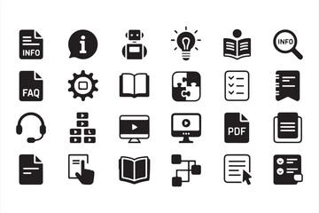Black and White Symbols for Information, FAQ, and Digital Files in Simple Icons