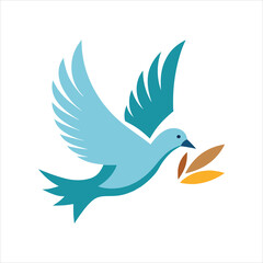 Graceful blue dove in flight, carrying a small branch with golden leaves in its beak, representing peace and hope