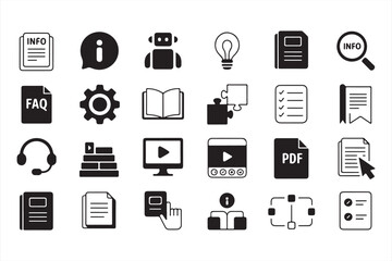 Set of Icons for Information, PDF, FAQ, and Documents in Bold Black and White