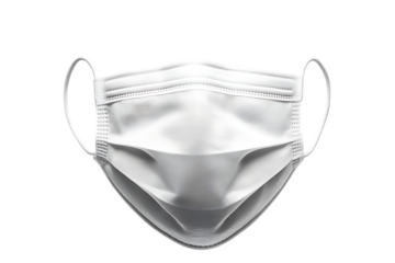 Close-up of a white disposable surgical face mask with ear loops isolated on white or transparent png, used for protection against viruses and bacteria