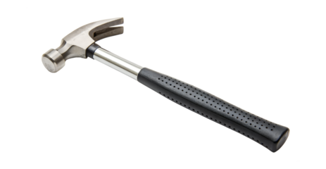 A sturdy metal claw hammer with a textured black grip handle showcasing its durable construction for various diy and professional tasks isolated on transparent background