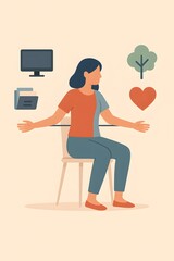 Woman balancing work and emotional wellbeing &mdash; symbolic flat illustration of career, love and nature in modern lifestyle and mental health awareness