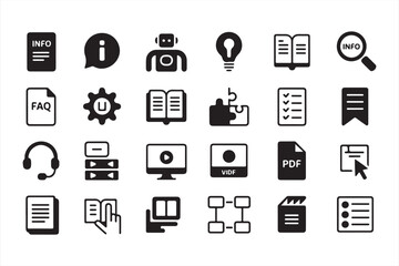 Collection of Icons Representing Information, FAQ, and Digital Media in Black and White