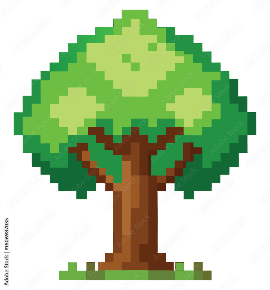 Aufkleber pixel art of a deciduous tree with green foliage and a brown trunk. ideal for use in retro-style vid
