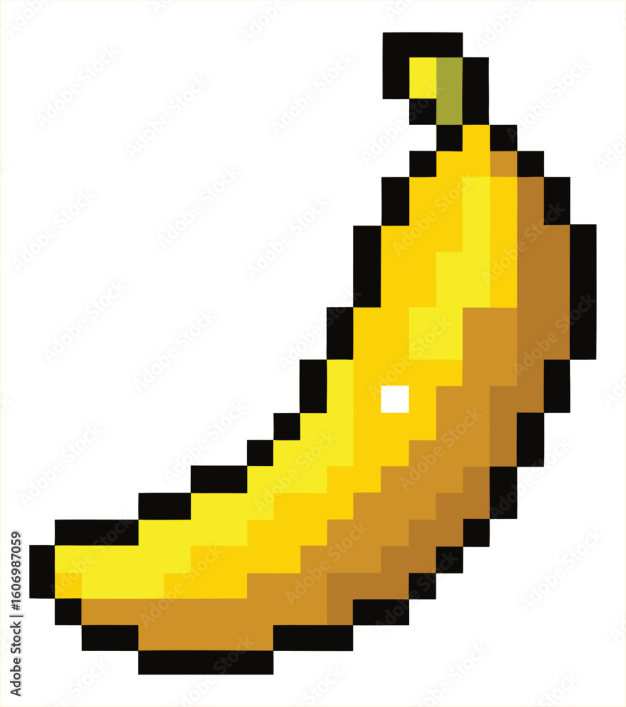 Poster retro pixel art banana icon with a white background and black outline. ideal for use in nostalgic vi