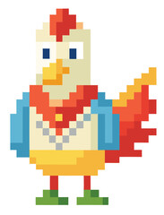 Pixel art superhero chicken wearing a cape and mask with a tail. Ideal for use in humorous retro video games, children’s educational apps, character stickers for messaging platforms, fun branding for