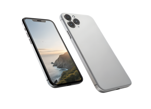 Modern silver smartphone displaying scenic landscape image isolated on transparent background