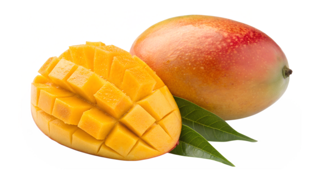Vibrant ripe mango fruit and cubed mango flesh with green leaves isolated on transparent background