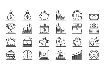 Set of Line Icons Representing Money, Savings, and Financial Growth