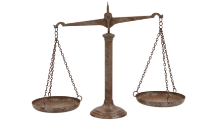Vintage balance scale with metal pans and chains on a transparent background, cutout PNG