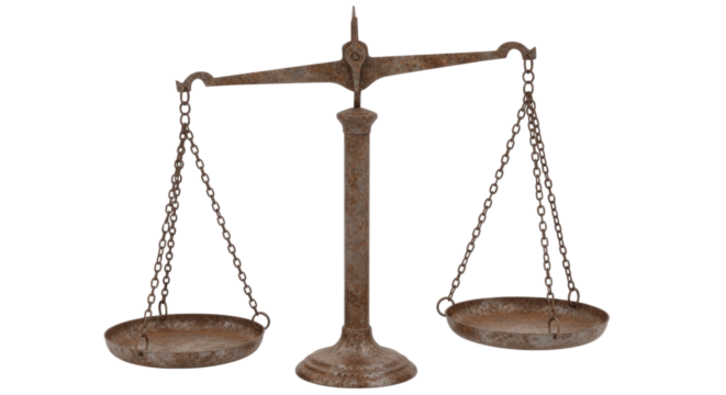 Vintage balance scale with metal pans and chains on a transparent background, cutout PNG