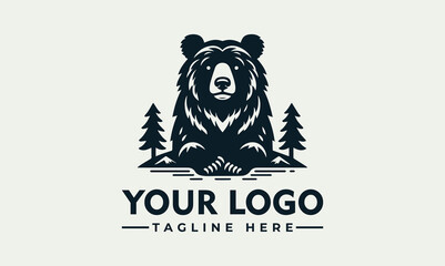 A stylized black bear logo, centered, with two pine trees, and text below.