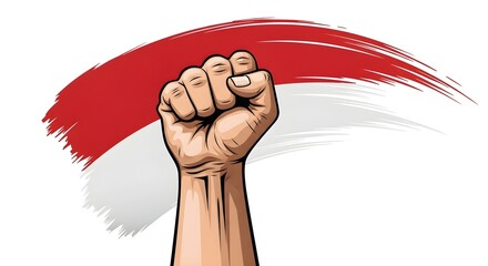 Celebrate Indonesian Independence Day with this powerful image of a raised fist against the backdrop of the Indonesian flag. Perfect for conveying strength and patriotism.