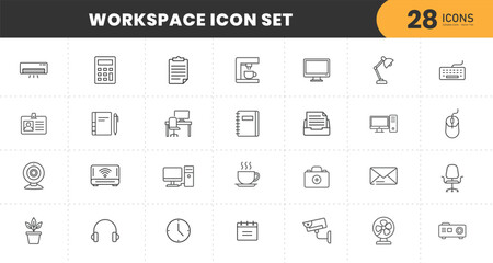  Workspace Icon Set – 28 Thin Line Office Icons Including Computer, Desk, Keyboard, Coffee Machine, Monitor, Stationery, Chair, Webcam, Calendar, Clock, Lamp, Headphones, Wi-Fi, Printer, Mouse, Plant.