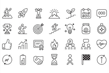 Set of Line Icons Representing Motivation, Success, and Achievement