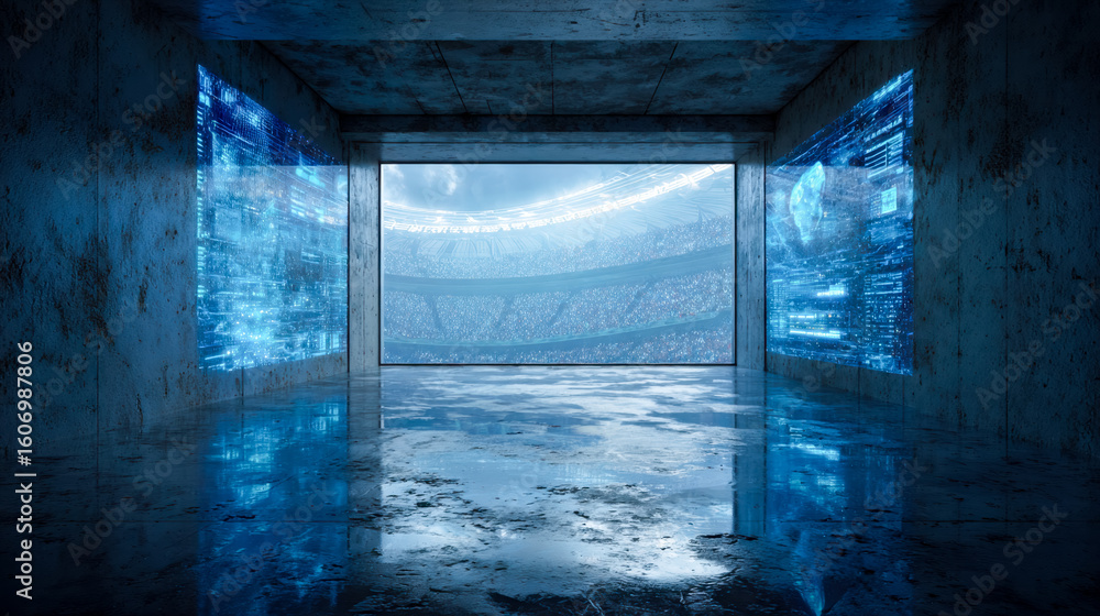 Poster futuristic virtual reality viewing room with digital data displays and immersive holographic environ