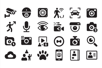 Set of Black and White Surveillance, Camera, and Video Monitoring Icons