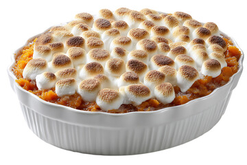 On transparent background a closeup view of a sweet potato casserole topped with toasted marshmallows in a
