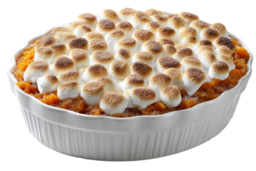 On transparent background a closeup view of a sweet potato casserole topped with toasted marshmallows in a