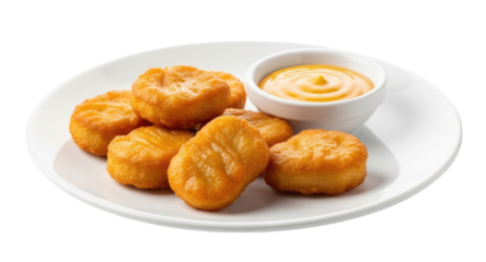 Crispy golden fried nuggets served with a creamy dipping sauce on a white plate, transparent background, cutout PNG