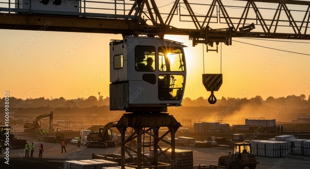 Poster crane operator cabin viewed from a distance at a busy site with setting sun backdrop