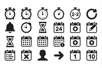 Collection of Calendar, Clock, and Timer Icons in Minimalist Black and White