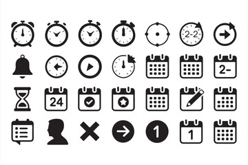 Black and White Icons of Clocks, Calendars, and Time-Related Symbols