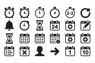 Set of Black and White Time, Calendar, and Alarm Icons for Scheduling