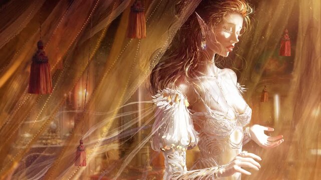 A beautiful elf girl is standing by the window. Her beautiful figure in frilly lingerie is flooded with sunlight. She is a young princess in a royal room with golden curtains. clean looped 2d animated