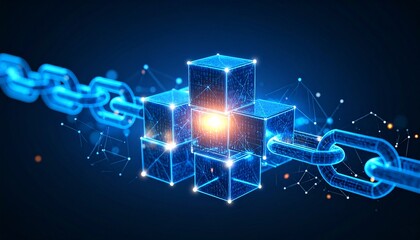 "Layered blocks connected by glowing chains, each emitting data particles, on a dark tech-style background, visualizing decentralized communication in blockchain."