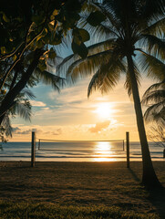 Serene volleyball court bordered by palm trees with a sunset over the ocean