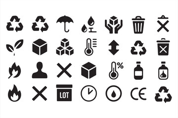 Comprehensive Set of Icons for Recycling, Safety, and Hazard Symbols
