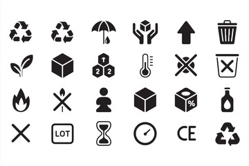 Set of Black and White Safety and Recycling Icons – Environmental Symbols