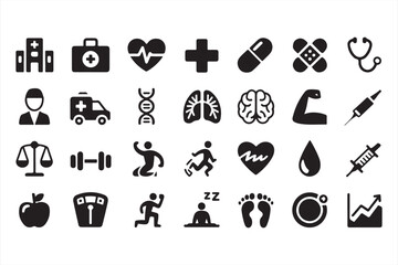 Set of Black and White Medical, Fitness, and Health Icons for Wellness and Care