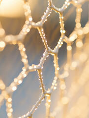 Detailed view of well used pickleball net knot glistening in the sunlight during a warm afternoon at local sports court